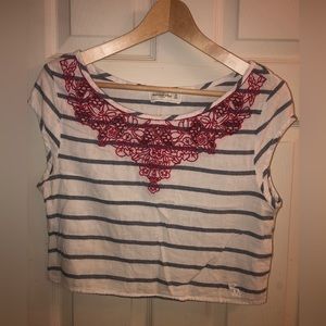 A & F cropped top.  Cotton. White with blue stripes & red embroidery